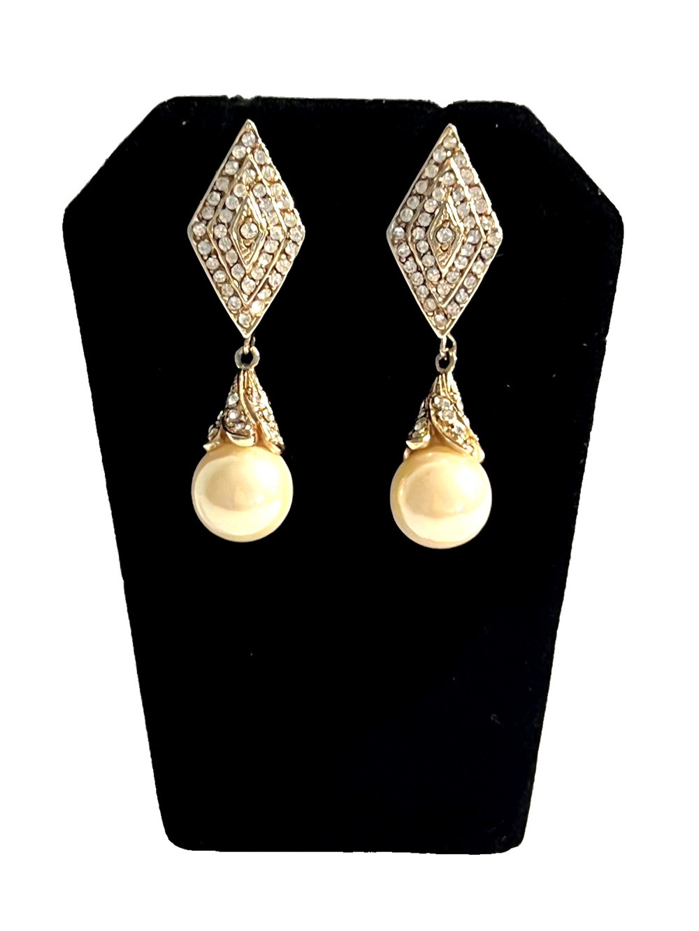 Faux Pearl Earrings BLING Rhinestones Gold Brass Plated Vintage Elegant
